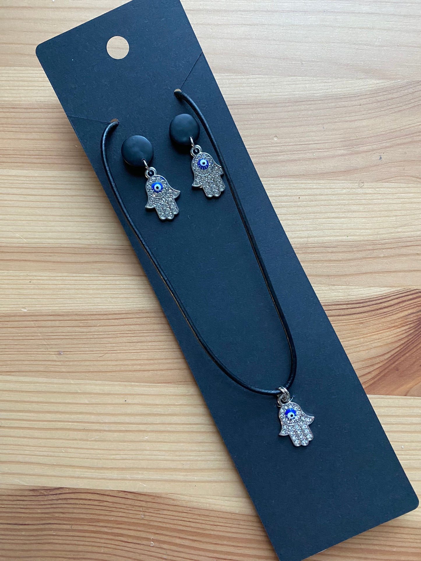 Hamsa with evil eye necklace and earring set