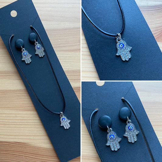 Hamsa with evil eye necklace and earring set