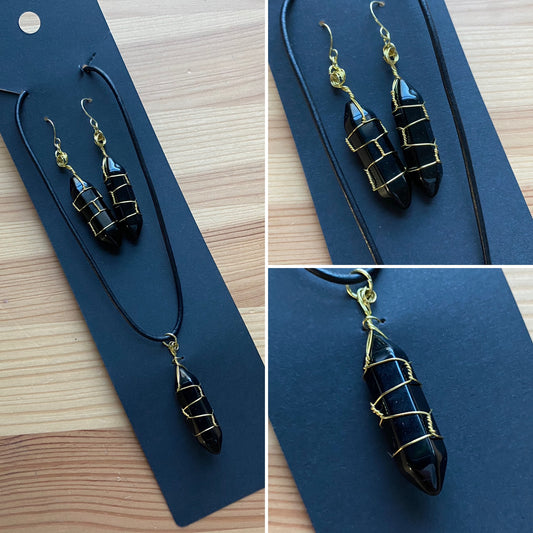 Black obsidian necklace and earring set