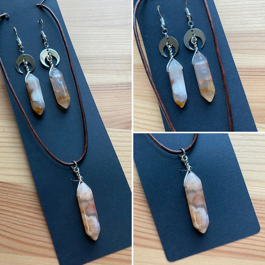 Flower agate necklace and earring set