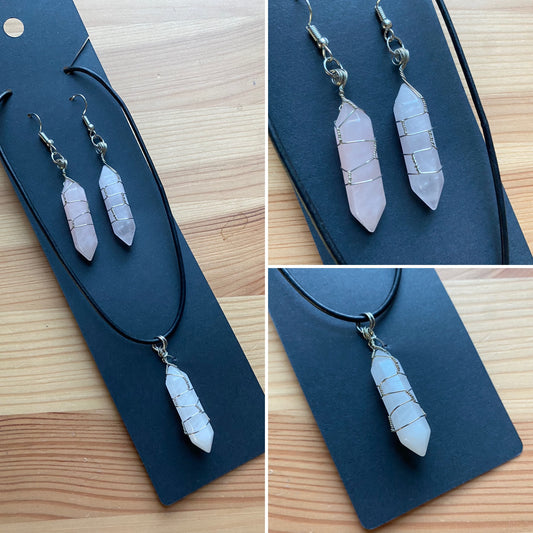 Rose quartz necklace and earring set