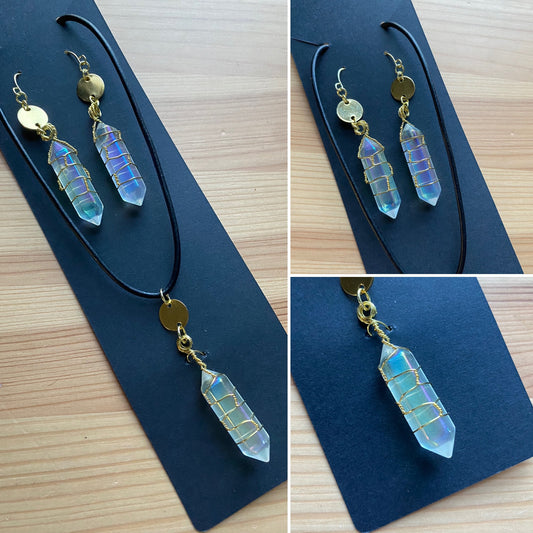 Aura quartz necklace and earring set